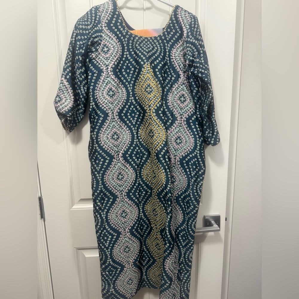 Patterned Blue and Yellow Indian suit fits size XS to large material